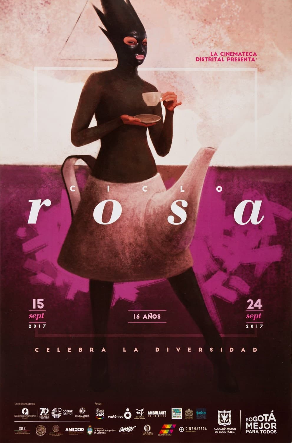 Afiche rosa y púrpura: una figura de máscara negra sostiene una taza y su falda es una tetera, con el texto «Ciclo rosa, celebra la diversidad».