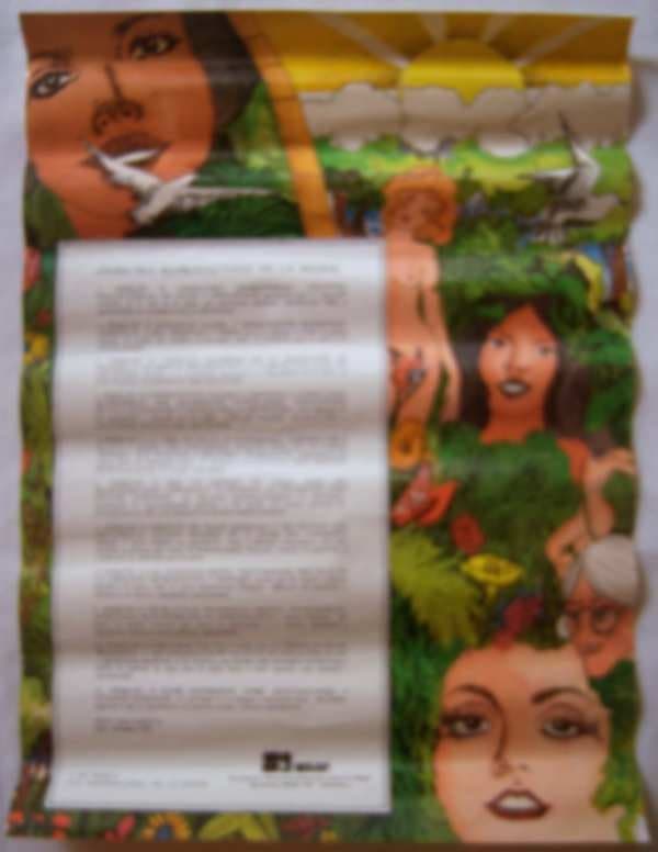 Plegable con ilustraciones de rostros de mujeres entre plantas y flores, y un texto en el centro.