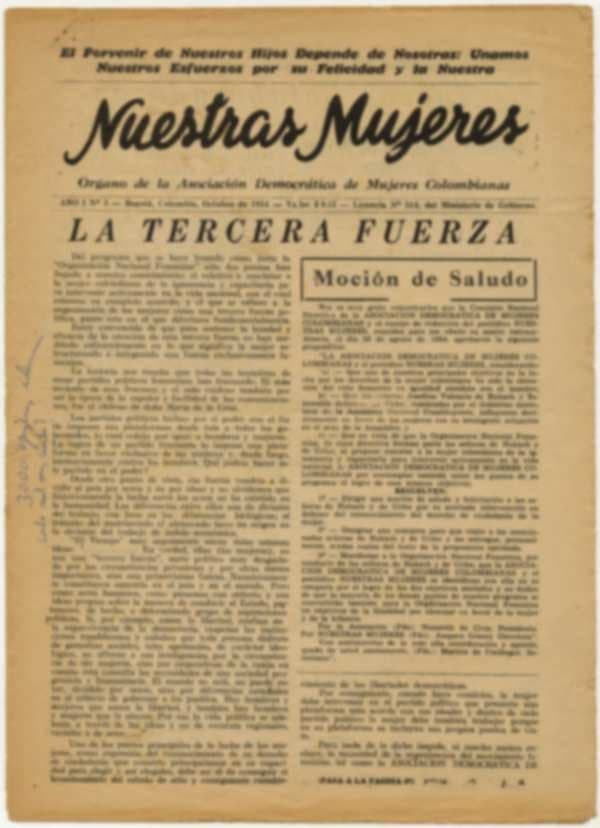 Portada del periódico «Nuestras Mujeres», octubre de 1954, con el artículo «La tercera fuerza» y una moción de saludo.