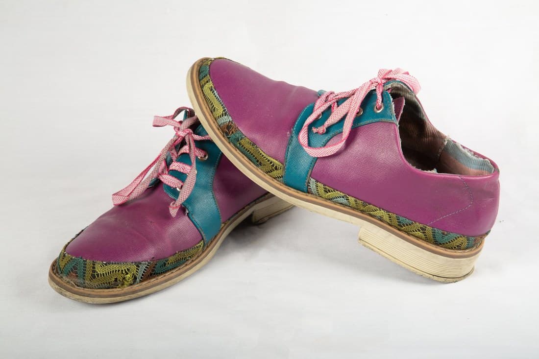 Par de zapatos de cuero morado con tiras azul turquesa, bordes de encaje verde y cordones rosados.